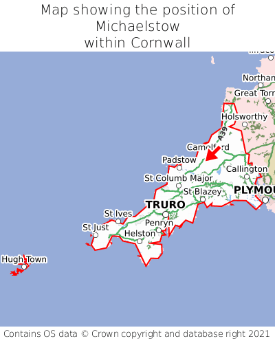 Map showing location of Michaelstow within Cornwall