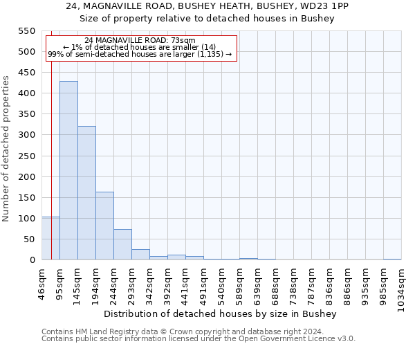 24, MAGNAVILLE ROAD, BUSHEY HEATH, BUSHEY, WD23 1PP: Size of property relative to detached houses in Bushey