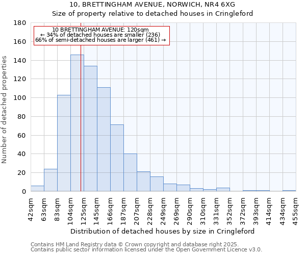 10, BRETTINGHAM AVENUE, NORWICH, NR4 6XG: Size of property relative to detached houses in Cringleford