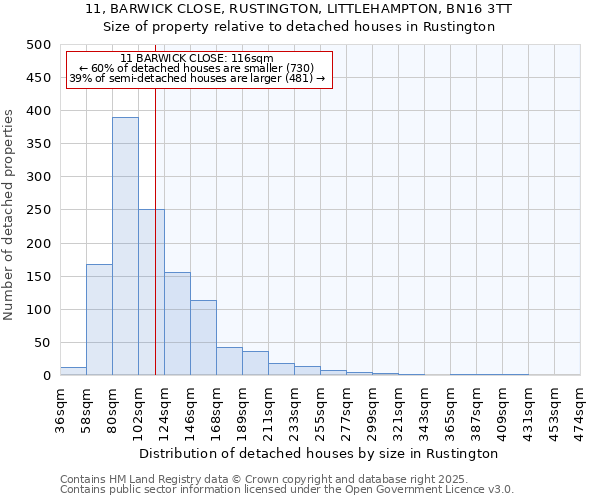 11, BARWICK CLOSE, RUSTINGTON, LITTLEHAMPTON, BN16 3TT: Size of property relative to detached houses in Rustington