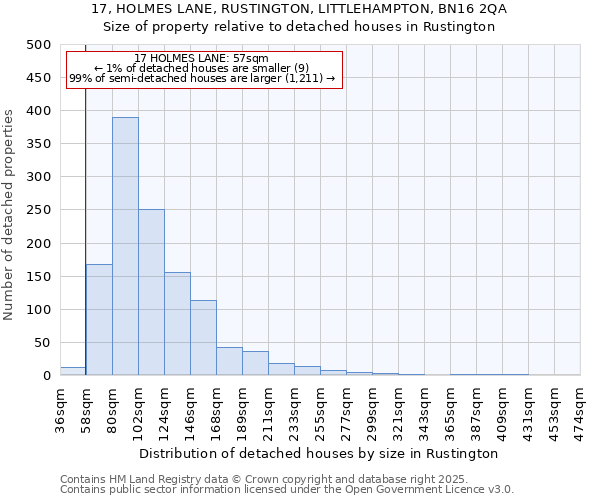 17, HOLMES LANE, RUSTINGTON, LITTLEHAMPTON, BN16 2QA: Size of property relative to detached houses in Rustington