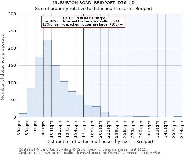 19, BURTON ROAD, BRIDPORT, DT6 4JD: Size of property relative to detached houses in Bridport