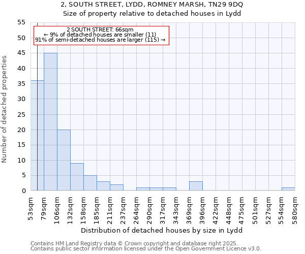 2, SOUTH STREET, LYDD, ROMNEY MARSH, TN29 9DQ: Size of property relative to detached houses in Lydd