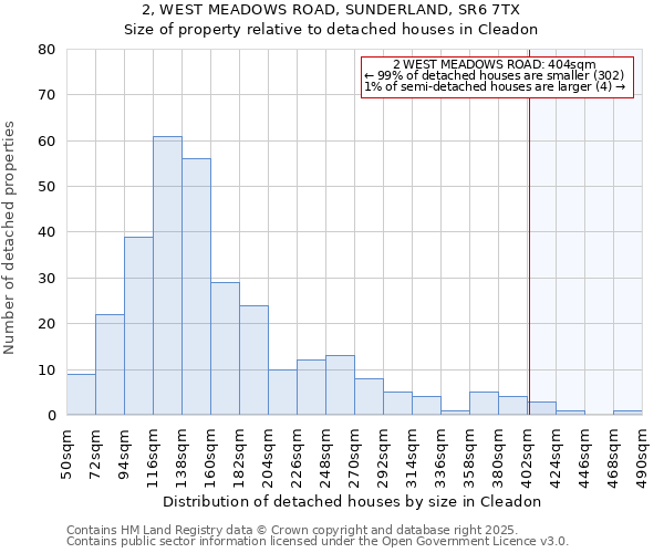 2, WEST MEADOWS ROAD, SUNDERLAND, SR6 7TX: Size of property relative to detached houses in Cleadon