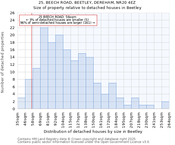 25, BEECH ROAD, BEETLEY, DEREHAM, NR20 4EZ: Size of property relative to detached houses in Beetley