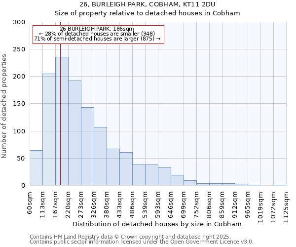 26, BURLEIGH PARK, COBHAM, KT11 2DU: Size of property relative to detached houses in Cobham