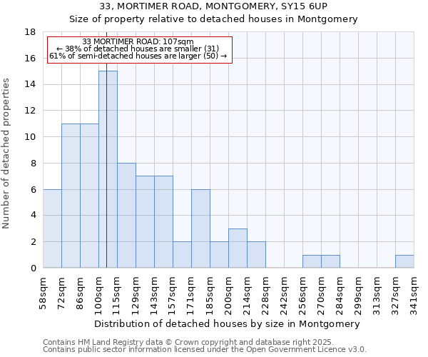 33, MORTIMER ROAD, MONTGOMERY, SY15 6UP: Size of property relative to detached houses in Montgomery