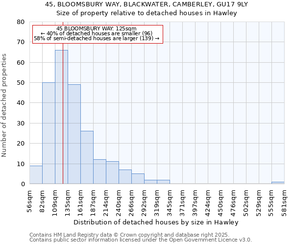 45, BLOOMSBURY WAY, BLACKWATER, CAMBERLEY, GU17 9LY: Size of property relative to detached houses in Hawley