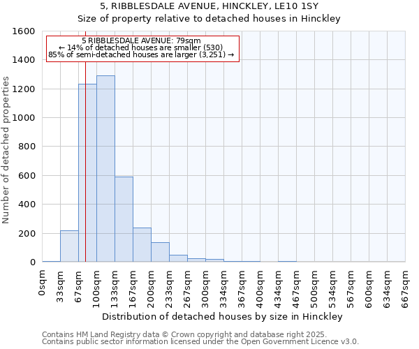 5, RIBBLESDALE AVENUE, HINCKLEY, LE10 1SY: Size of property relative to detached houses in Hinckley