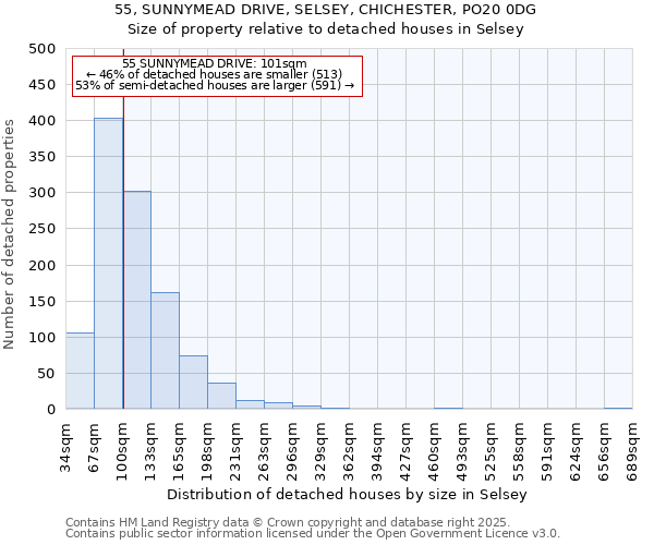 55, SUNNYMEAD DRIVE, SELSEY, CHICHESTER, PO20 0DG: Size of property relative to detached houses in Selsey