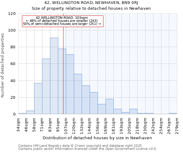 62, WELLINGTON ROAD, NEWHAVEN, BN9 0RJ: Size of property relative to detached houses in Newhaven