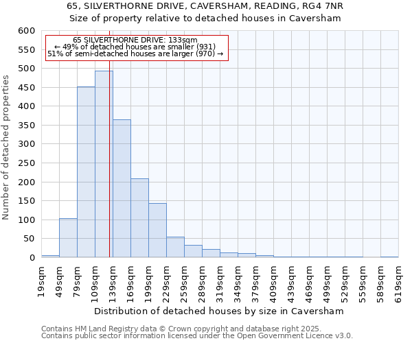 65, SILVERTHORNE DRIVE, CAVERSHAM, READING, RG4 7NR: Size of property relative to detached houses in Caversham