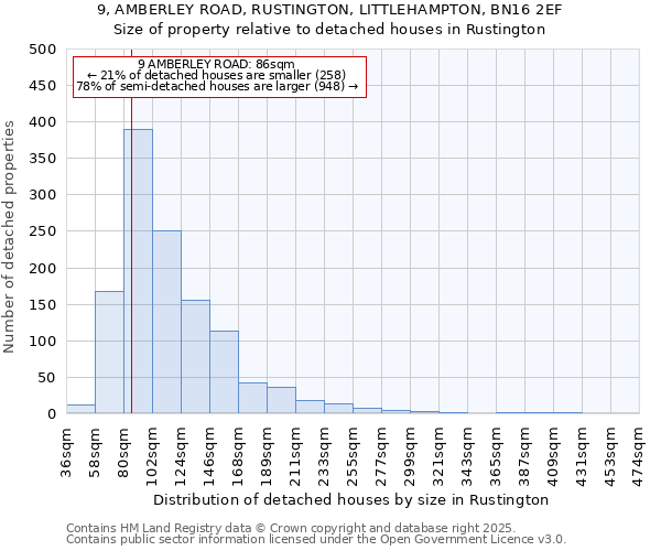 9, AMBERLEY ROAD, RUSTINGTON, LITTLEHAMPTON, BN16 2EF: Size of property relative to detached houses in Rustington