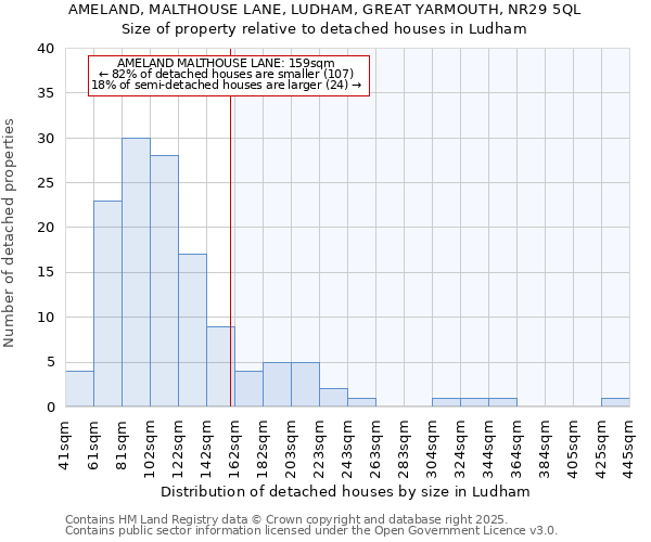 AMELAND, MALTHOUSE LANE, LUDHAM, GREAT YARMOUTH, NR29 5QL: Size of property relative to detached houses in Ludham