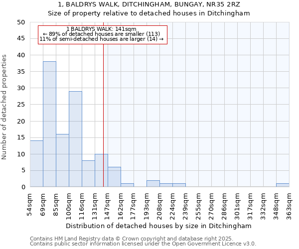 1, BALDRYS WALK, DITCHINGHAM, BUNGAY, NR35 2RZ: Size of property relative to detached houses in Ditchingham