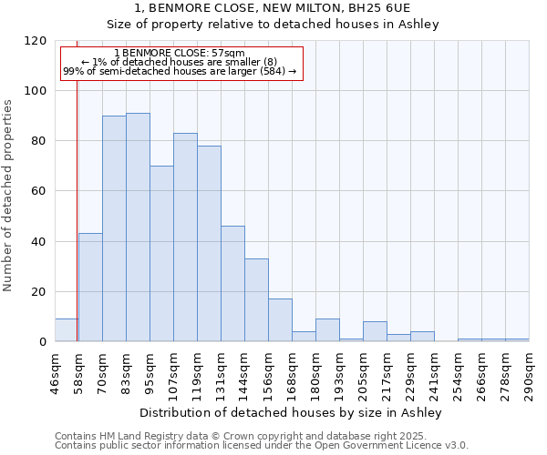 1, BENMORE CLOSE, NEW MILTON, BH25 6UE: Size of property relative to detached houses in Ashley