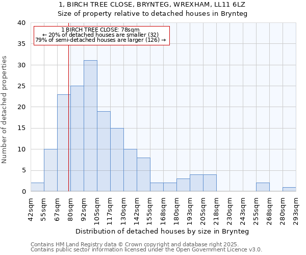 1, BIRCH TREE CLOSE, BRYNTEG, WREXHAM, LL11 6LZ: Size of property relative to detached houses in Brynteg