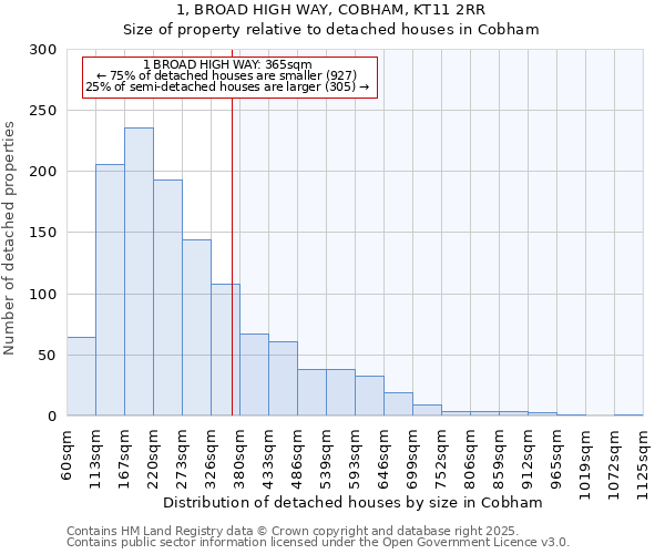 1, BROAD HIGH WAY, COBHAM, KT11 2RR: Size of property relative to detached houses in Cobham