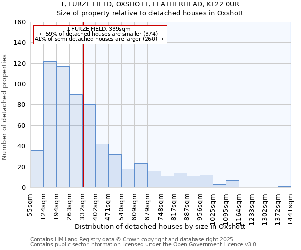 1, FURZE FIELD, OXSHOTT, LEATHERHEAD, KT22 0UR: Size of property relative to detached houses in Oxshott