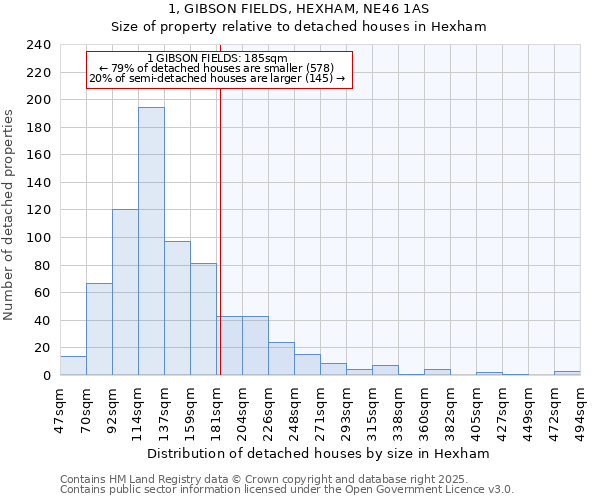 1, GIBSON FIELDS, HEXHAM, NE46 1AS: Size of property relative to detached houses in Hexham