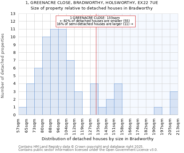 1, GREENACRE CLOSE, BRADWORTHY, HOLSWORTHY, EX22 7UE: Size of property relative to detached houses in Bradworthy