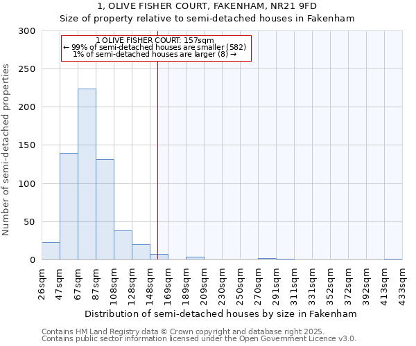 1, OLIVE FISHER COURT, FAKENHAM, NR21 9FD: Size of property relative to detached houses in Fakenham