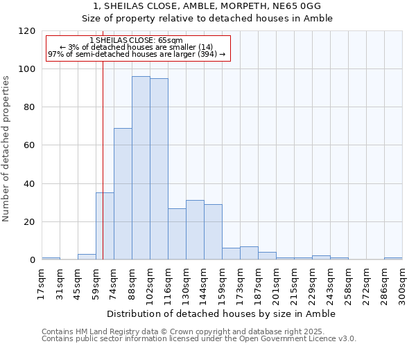 1, SHEILAS CLOSE, AMBLE, MORPETH, NE65 0GG: Size of property relative to detached houses in Amble