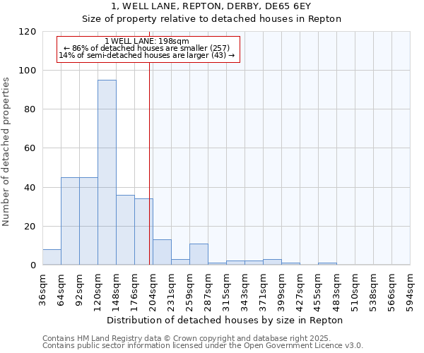 1, WELL LANE, REPTON, DERBY, DE65 6EY: Size of property relative to detached houses in Repton