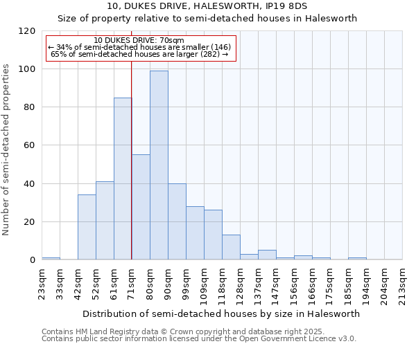 10, DUKES DRIVE, HALESWORTH, IP19 8DS: Size of property relative to detached houses in Halesworth