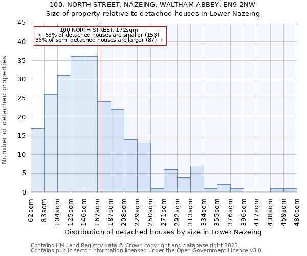 100, NORTH STREET, NAZEING, WALTHAM ABBEY, EN9 2NW: Size of property relative to detached houses in Lower Nazeing