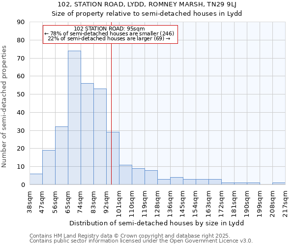 102, STATION ROAD, LYDD, ROMNEY MARSH, TN29 9LJ: Size of property relative to detached houses in Lydd