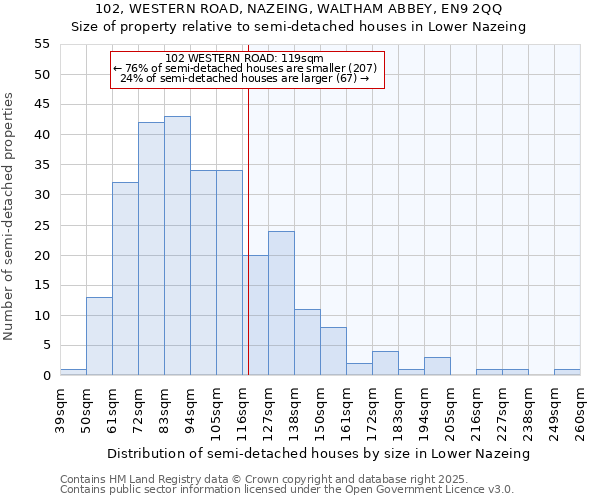 102, WESTERN ROAD, NAZEING, WALTHAM ABBEY, EN9 2QQ: Size of property relative to detached houses in Lower Nazeing