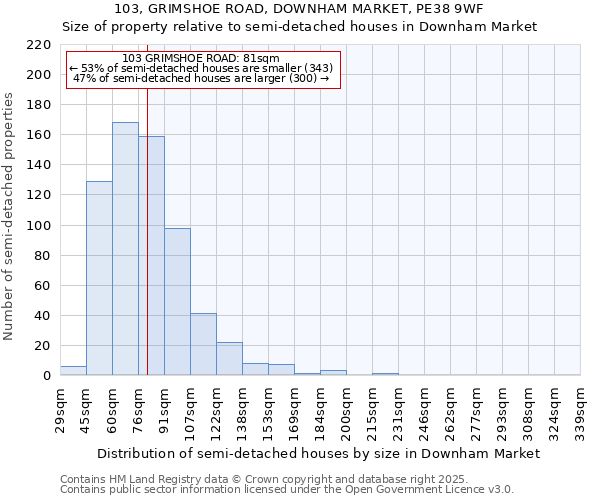 103, GRIMSHOE ROAD, DOWNHAM MARKET, PE38 9WF: Size of property relative to detached houses in Downham Market