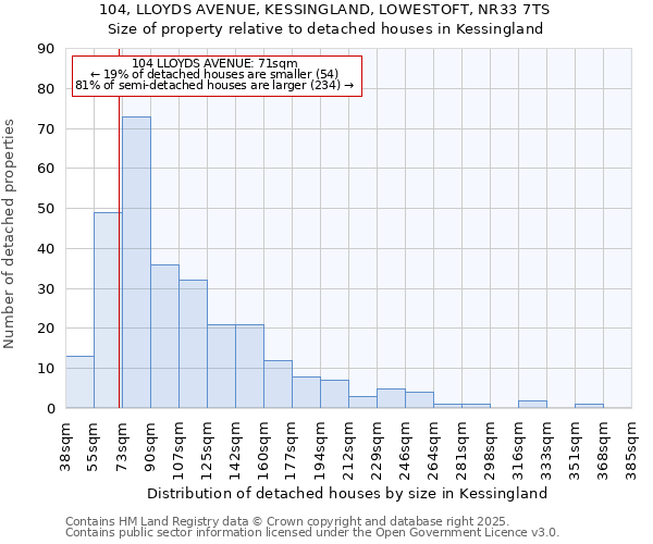 104, LLOYDS AVENUE, KESSINGLAND, LOWESTOFT, NR33 7TS: Size of property relative to detached houses in Kessingland