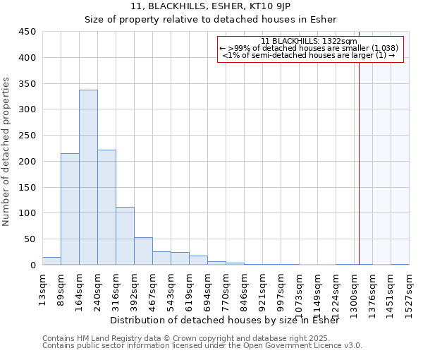 11, BLACKHILLS, ESHER, KT10 9JP: Size of property relative to detached houses in Esher