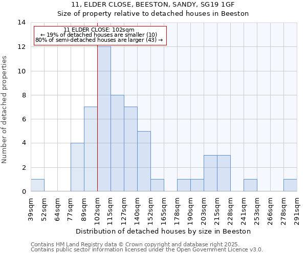 11, ELDER CLOSE, BEESTON, SANDY, SG19 1GF: Size of property relative to detached houses in Beeston