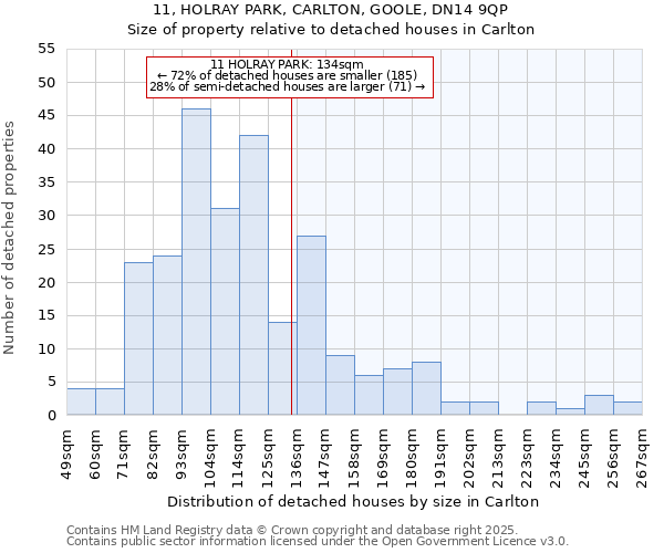 11, HOLRAY PARK, CARLTON, GOOLE, DN14 9QP: Size of property relative to detached houses in Carlton