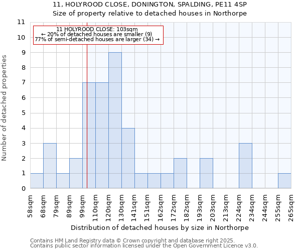 11, HOLYROOD CLOSE, DONINGTON, SPALDING, PE11 4SP: Size of property relative to detached houses in Northorpe