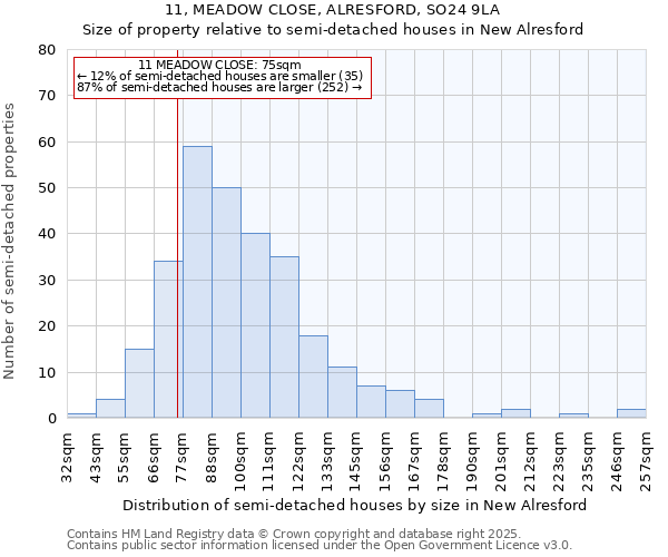 11, MEADOW CLOSE, ALRESFORD, SO24 9LA: Size of property relative to detached houses in New Alresford