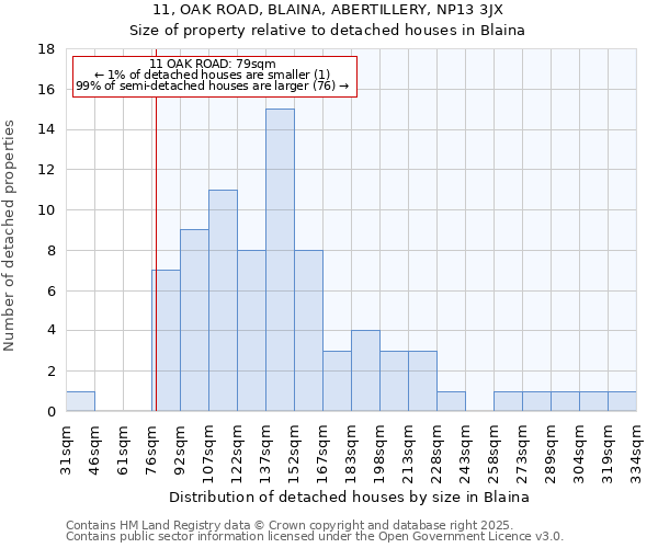 11, OAK ROAD, BLAINA, ABERTILLERY, NP13 3JX: Size of property relative to detached houses in Blaina