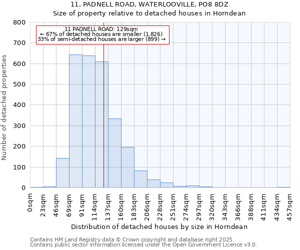 11, PADNELL ROAD, WATERLOOVILLE, PO8 8DZ: Size of property relative to detached houses in Horndean