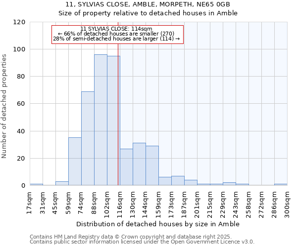 11, SYLVIAS CLOSE, AMBLE, MORPETH, NE65 0GB: Size of property relative to detached houses in Amble