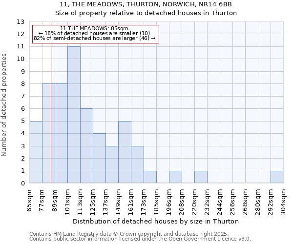 11, THE MEADOWS, THURTON, NORWICH, NR14 6BB: Size of property relative to detached houses in Thurton