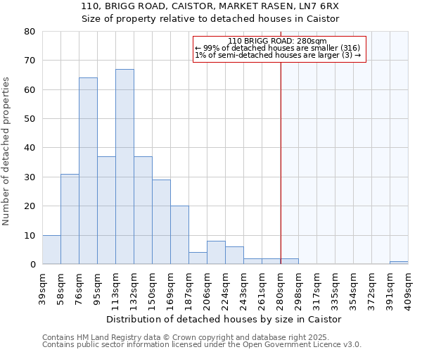 110, BRIGG ROAD, CAISTOR, MARKET RASEN, LN7 6RX: Size of property relative to detached houses in Caistor