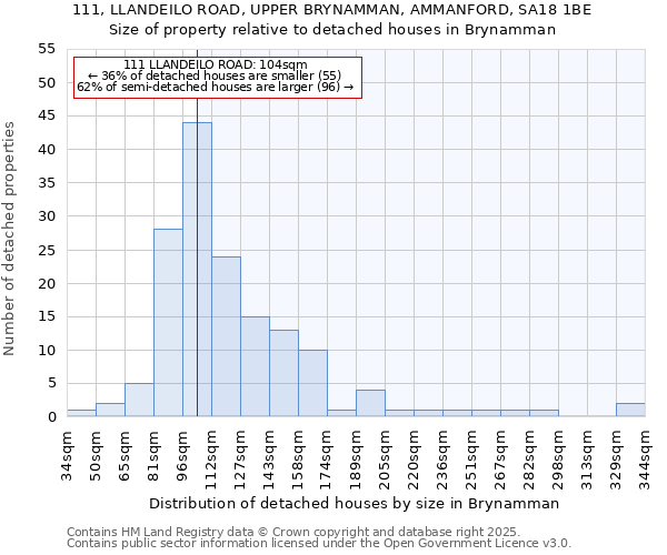 111, LLANDEILO ROAD, UPPER BRYNAMMAN, AMMANFORD, SA18 1BE: Size of property relative to detached houses in Brynamman