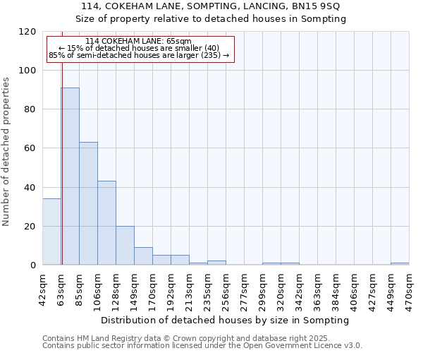 114, COKEHAM LANE, SOMPTING, LANCING, BN15 9SQ: Size of property relative to detached houses in Sompting