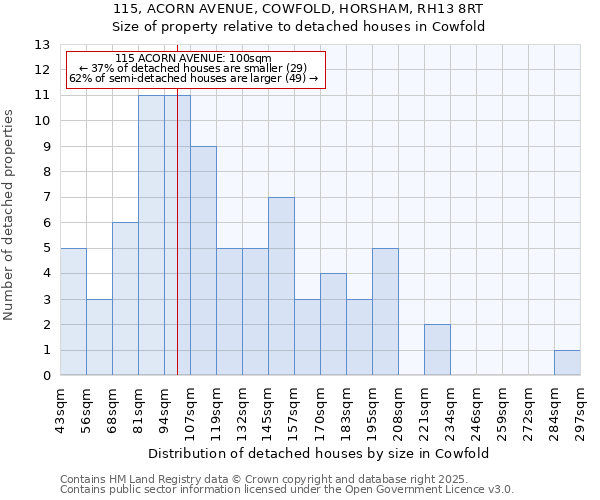 115, ACORN AVENUE, COWFOLD, HORSHAM, RH13 8RT: Size of property relative to detached houses in Cowfold