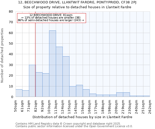 12, BEECHWOOD DRIVE, LLANTWIT FARDRE, PONTYPRIDD, CF38 2PJ: Size of property relative to detached houses in Llantwit Fardre