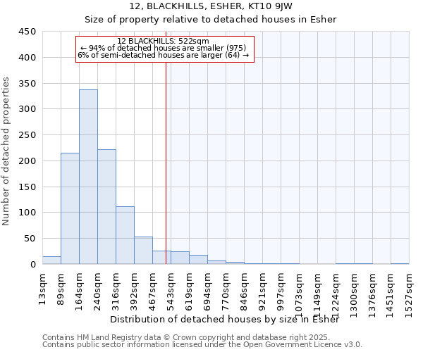 12, BLACKHILLS, ESHER, KT10 9JW: Size of property relative to detached houses in Esher