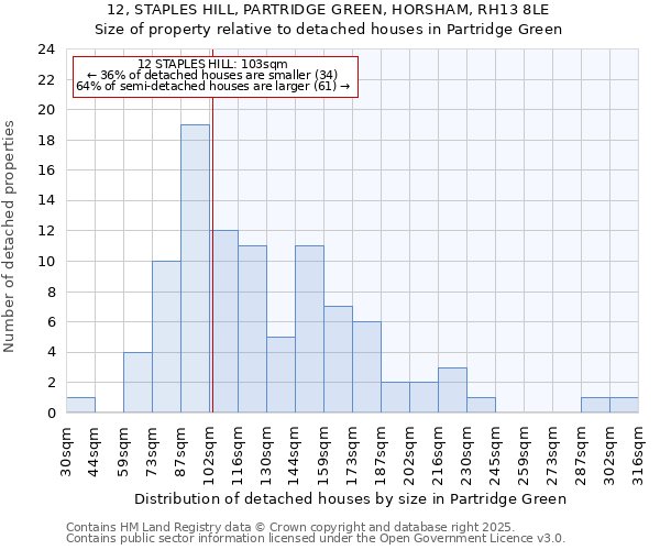 12, STAPLES HILL, PARTRIDGE GREEN, HORSHAM, RH13 8LE: Size of property relative to detached houses in Partridge Green